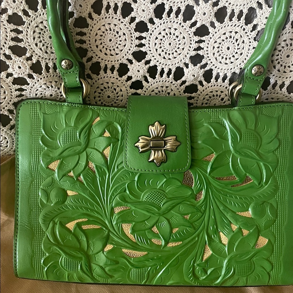 Patricia Nash Green Tooled Leather Floral Tote with Gold Accents - Picture 2 of 11